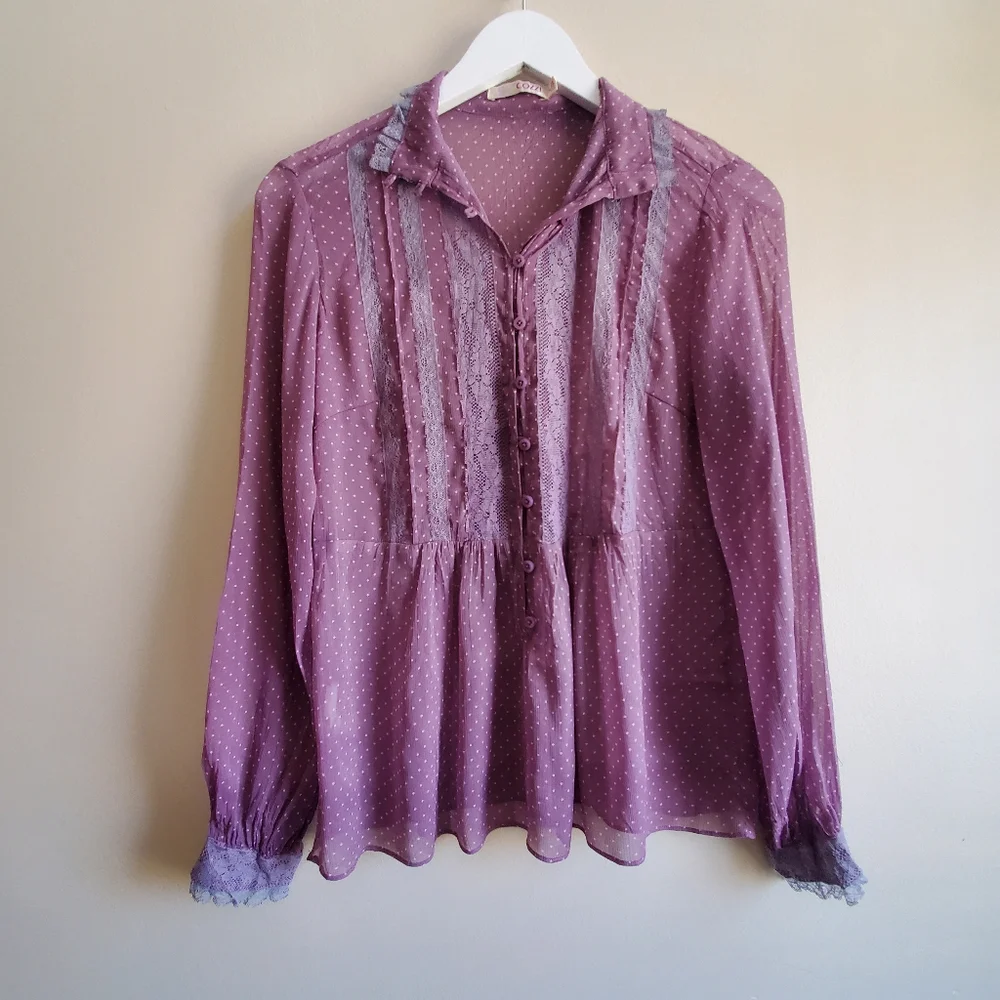 Vintage purple blouse with lace, long sleeve, Semi Sheer, Medium Size - Picture 1 of 9